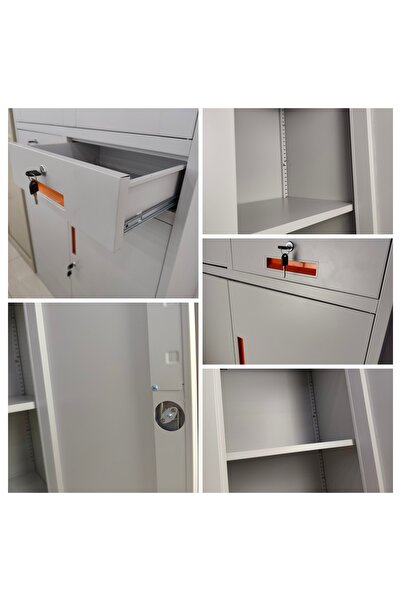 concent Concent 4-Door Iron File Cabinet with Glass and Metal and 2 Middle Drawers, Grey