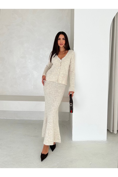 Brantu Long Sleeve Pocketed Button Detailed Women's Knitwear Long Skirt Set