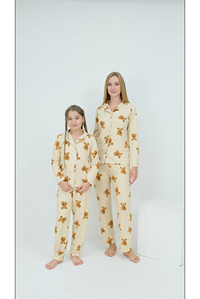 ANGEL VALESKA Ayıcık Desenli Düğmeli Uzun Kollu Anne Kız Pijama Takımı