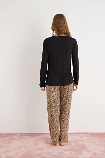 Pijamoni Women's Ring Viscose Fabric Leopard Patterned Black Pajama Set - 9580