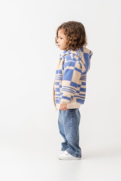 Magu Erkek Çocuk Pamuklu Bej Mavi Kare Desenli Kapüşonlu Fermuarlı Polar Mont - Rahat Dış Giyim