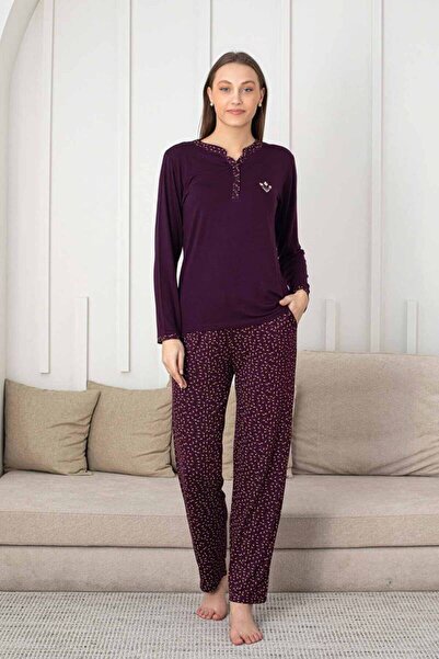 ALİMER ADA TEKS Nakışlı Kadın Pijama Takımı - 3 Düğmeli Uzun Kol Likralı Bambu Viskon