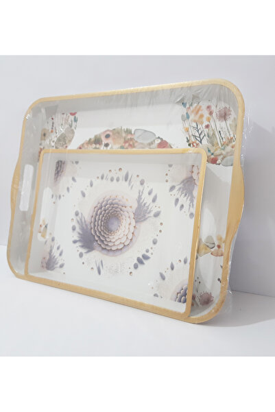 renkli çiçekler Tea Tray 40X32X4 cm and 30X22X3.5 cm 2-Piece Patterned Plastic Rectangular Tea Coffee Tray Serving Tray