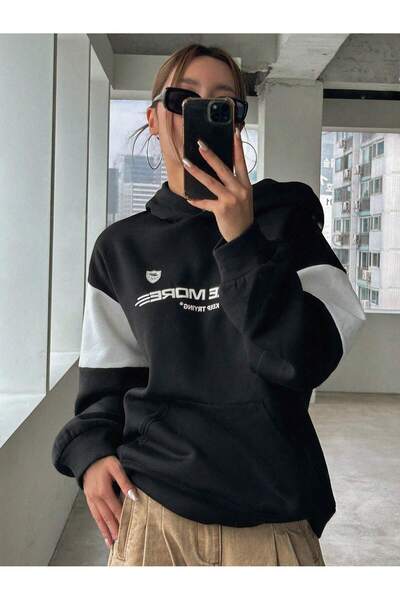 LAPS Women's Black and White Sleeve Once More Printed Oversized Sweatshirt