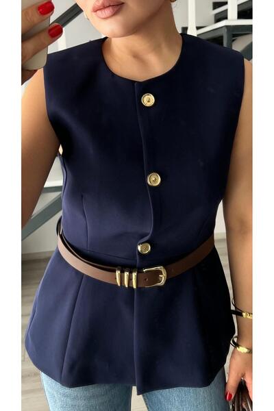 Oslove Navy Blue Belted Gold Button Double Crepe Vest