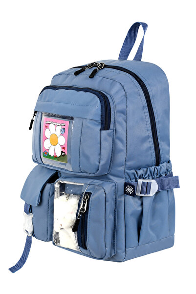 CAKARD Set de 3 ghiozdane albastre din denim - Rucsac cu figurină de ursuleț + Cutie de prânz + Suport pentru creion