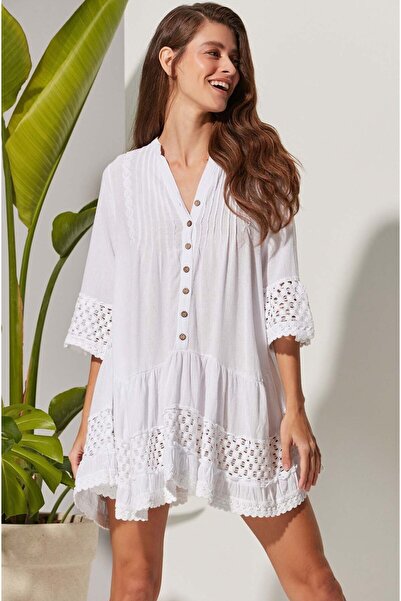 White By Nature Λευκό γυναικείο υφασμάτινο τουνίκ με κουμπιά Wbn