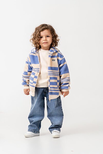 Magu Erkek Çocuk Pamuklu Bej Mavi Kare Desenli Kapüşonlu Fermuarlı Polar Mont - Rahat Dış Giyim