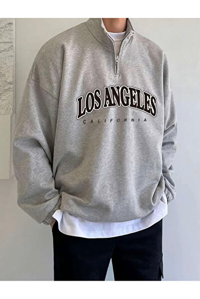LAPS Unisex Gray Los Angeles Printed Mock Neck Zippered Oversized Sweatshirt