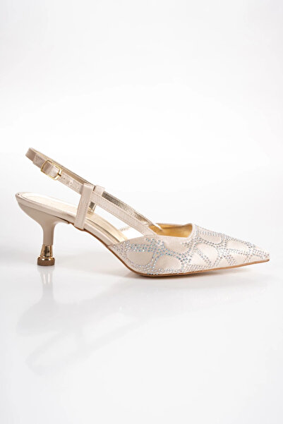 Miss Mitto Women's Gold Satin Patterned Comfortable Stiletto with 5 cm Thin G...