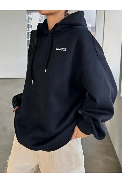 LAPS سويت شيرت نسائي باللون الأزرق الداكن Uniq مطبوع قصة فضفاضة