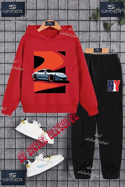 SS SİNSER Παιδικό Unisex Σετ Φόρμας με Κουκούλα με Στάμπα "CAR GRAY RED BLACK...