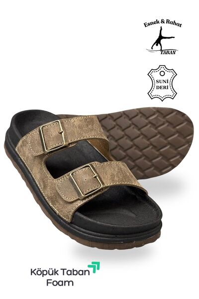 Moda Anna Double Buckle Adjustable Width Foam Sole Comfortable Leather Men's Slippers Mink