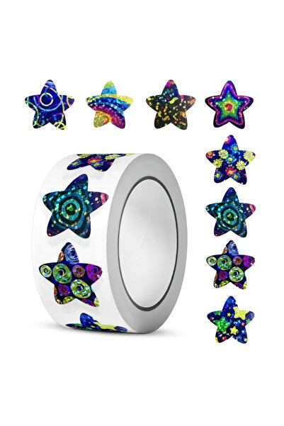 hdcw 500 ADET 2.5cm RULO YAPIŞKANLI HOLOGRAFİK RENKLİ YILDIZ DESENLİ STICKER ETİKET HEDİYE PAKETLEME