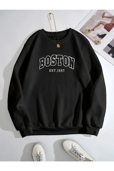 LAPS سويت شيرت أسود مطبوع للجنسين بوسطن 1997 مقاس كبير