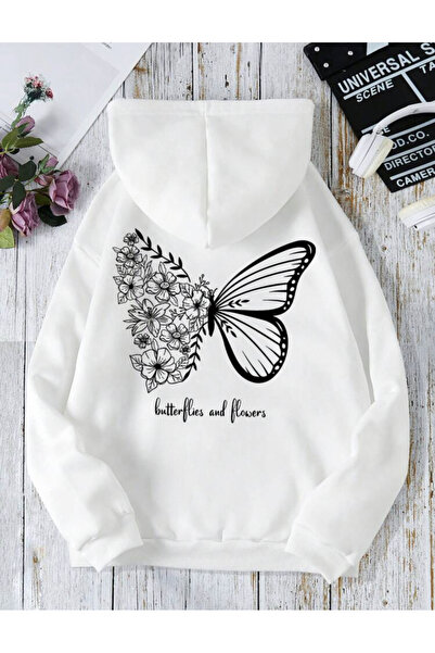 LAPS Hooded White Butterflies And Flowers Oversized Sweatshirt