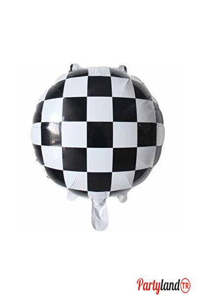 PartylandTR Siyah Beyaz Kareli Yuvarlak Folyo Balon 43*43 cm.