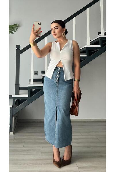 Oslove Mavi OSL1 5 Düğme Yırtmaçlı Denim Etek