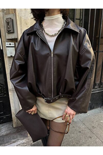 Helen Goods Yeni Sezon Bomber Oversize Kadın Deri Ceket