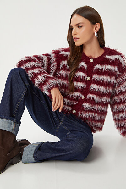 Lovelyİstanbul Şık Düğmeli Sakalı Triko Hırka LMT0035 BORDO KEMİK