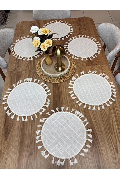 NURGİTA HOME طقم مائدة أمريكي من الكتان الخام 100% بنمط مونيكا مع شراشيب (6 قطع)