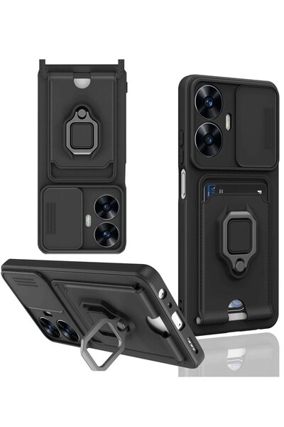 Genel Markalar Realme C55 Kılıf Zuma Kartvizitli Yüzüklü Silikon - Siyah-(5796)