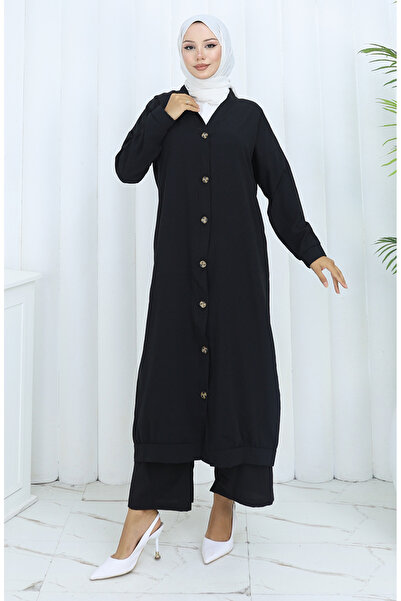sefamerve Buttoned Cardigan and Trousers Two-Piece Set 0138-01 Black