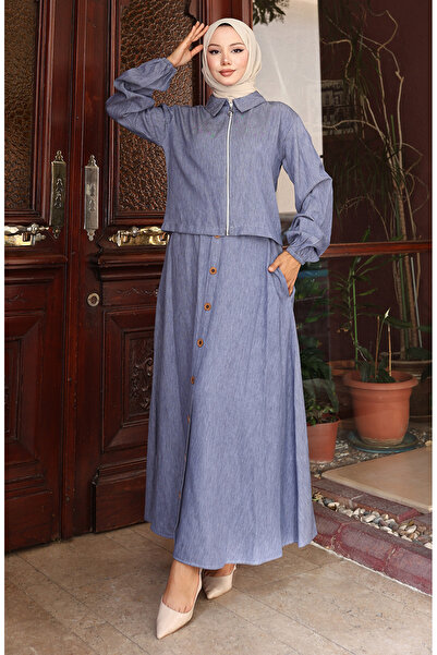 sefamerve Double Suit with Elastic Sleeves and Zippered Denim Skirt 0135-02 Navy Blue