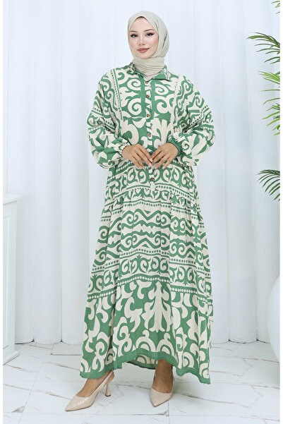 sefamerve Φόρεμα Alaçatı με μισό κουμπί 2137-05 Πράσινη κρέμα Çağla