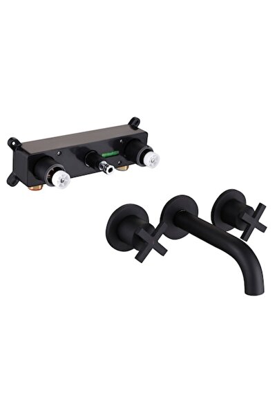 Spis Design Baterie lavoar de perete, negru mat, pipă fixă, manetă dublă, cutie de distribuție inclusă