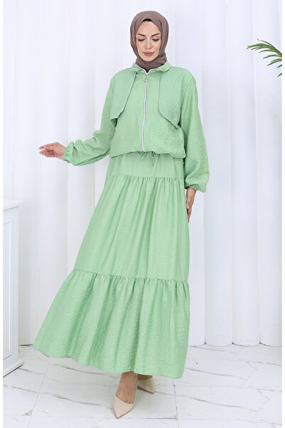 sefamerve Double Suit with Elastic Sleeves and Zipper 0129-07 Light Green