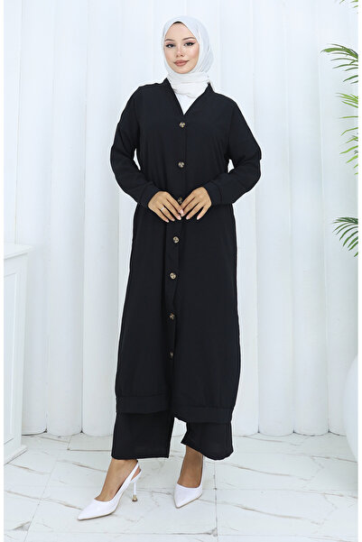 sefamerve Buttoned Cardigan and Trousers Two-Piece Set 0138-01 Black