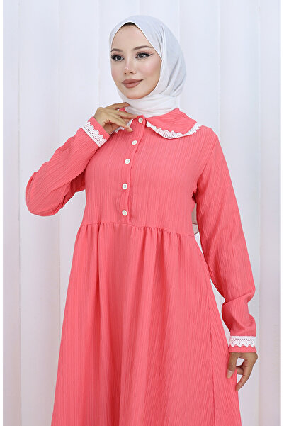 sefamerve Yarım Düğmeli Dantelli Elbise 2145-01 Pembe