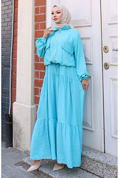 sefamerve Double Suit with Elastic Sleeves and Zipper 0129-18 Turquoise