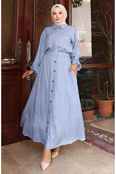 sefamerve Double Suit with Elastic Sleeves and Zippered Denim Skirt 0135-01 Denim Blue