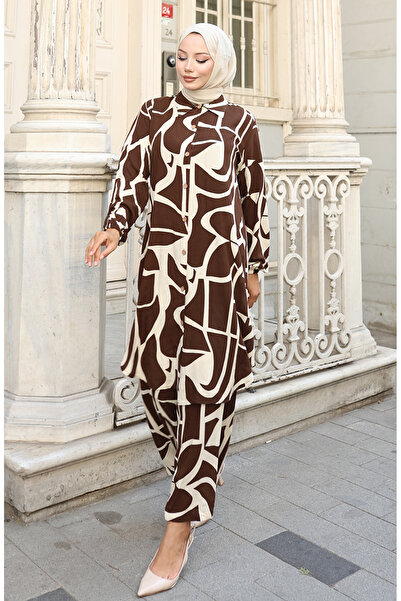 sefamerve Παντελόνι από ύφασμα βισκόζης Τουνίκ Διπλό Σετ 0143-03 Καφέ