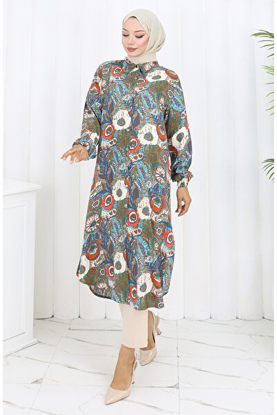 sefamerve Kolu Lastikli Düğmeli Tunik 0134-03 Haki Nar Çiçeği