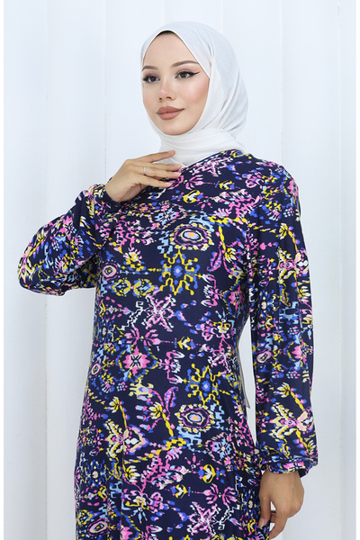 sefamerve Desenli Penye Elbise 2135-03 Lacivert Pembe