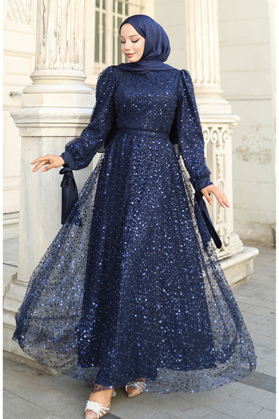 sefamerve Βραδινό φόρεμα με χάντρες 5801-05 Σκούρο μπλε