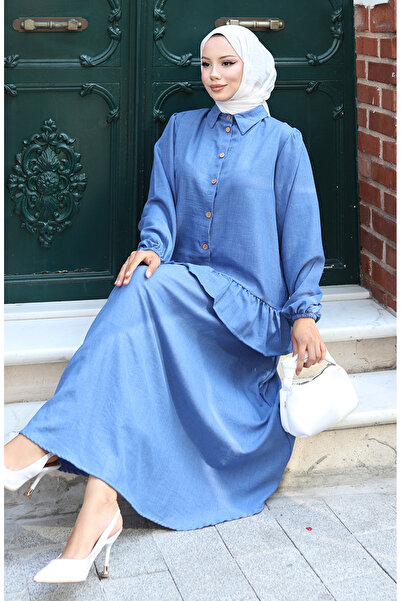 sefamerve Ruffled Tunic Skirt Two-Piece Set 0146-04 Indigo