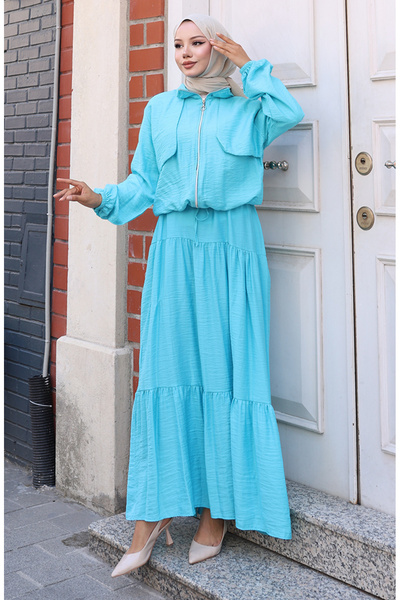 sefamerve Double Suit with Elastic Sleeves and Zipper 0129-18 Turquoise