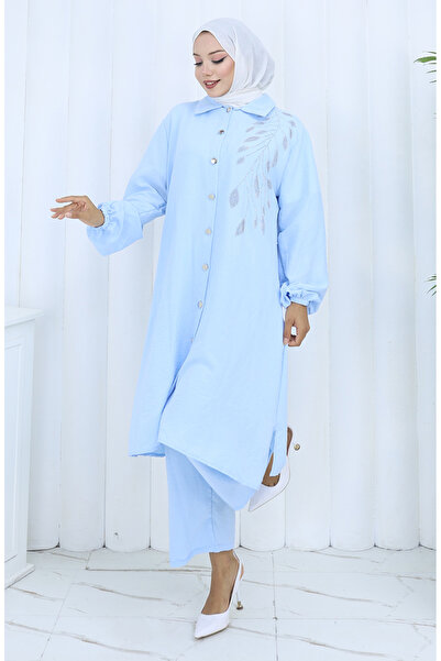 sefamerve Aerobin Fabric Tunic Trousers Double Set 2134-05 Baby Blue