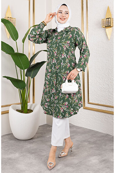 sefamerve Asel Çiçekli Viskon Tunik 0174-01 Haki