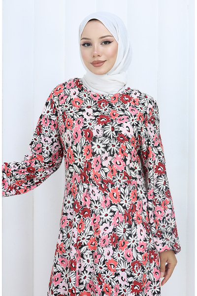 sefamerve Desenli Penye Elbise 2135A-02 Gül Kurusu