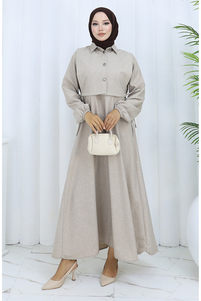 sefamerve Linen Vest Dress Double Suit 2141-05 Mink
