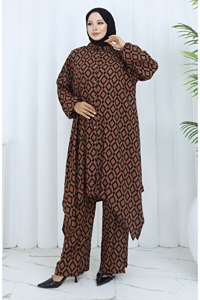 sefamerve Viscose Fabric Tunic Trousers Double Set 2144-02 Brown Black