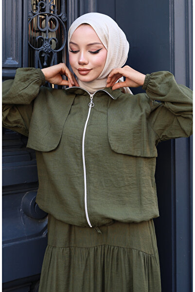 sefamerve Double Suit with Elastic Sleeves and Zipper 0129-17 Khaki