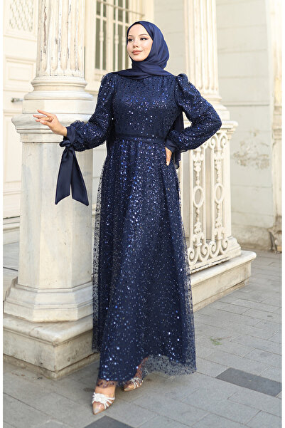 sefamerve Βραδινό φόρεμα με χάντρες 5801-05 Σκούρο μπλε