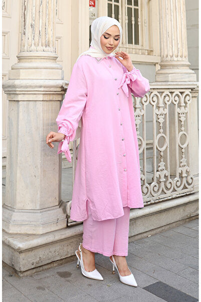 sefamerve Aerobin Fabric Buttoned Tunic Trousers Double Set 2147-03 Pink