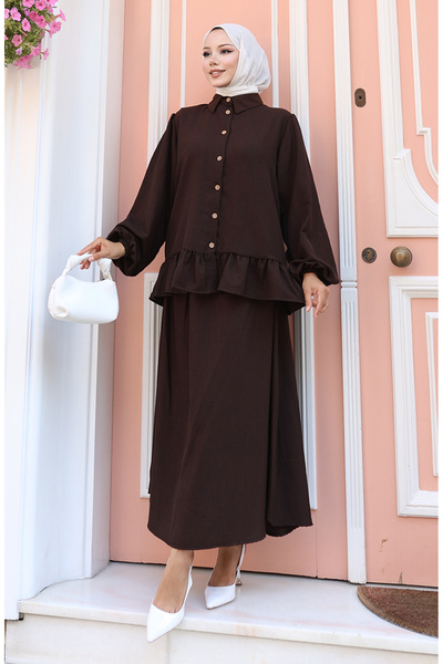 sefamerve Ruffled Tunic Skirt Two-Piece Set 0146-03 Brown